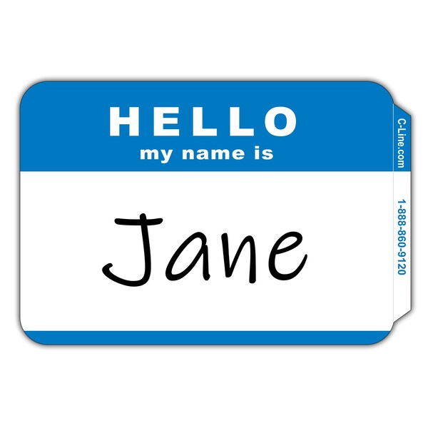 Pressure Sensitive Badges, HELLO my name is, Blue, 3 12 x 2 14, 100BX Set of 10 BX, 1000PK